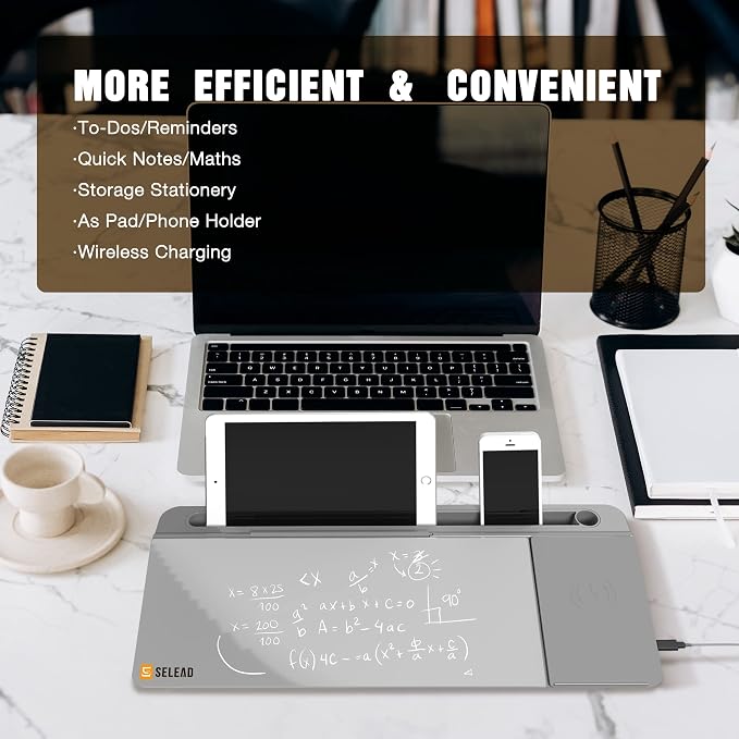 SELEAD Desktop Glass Whiteboard with Wireless Charger Station, Dry Erase White Board Computer Pad Keyboard Stand with Organizer for Home, School, Office Desk Accessories, Gray - Image 2
