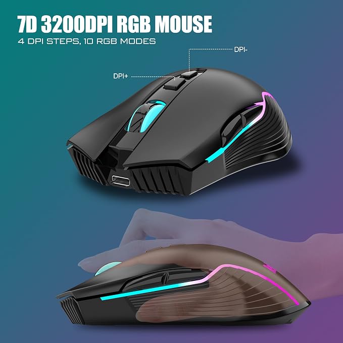 RedThunder K10 Wireless Gaming Keyboard and Mouse Combo, RGB Backlit Rechargeable 3800mAh Battery, Mechanical Feel Anti-ghosting Keyboard with Pudding Keycaps + 7D 3200DPI Mice for PC Gamer (Black) - Image 6