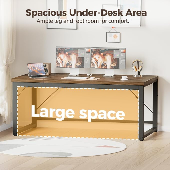 Mericonia 63 Inch Computer Desk, 1" Thick Large Office Table, Walnut | Modern Simple Style, Heavy Duty Industrial Frame, Large Study & Writing Table for Home Bedroom Work - Image 6