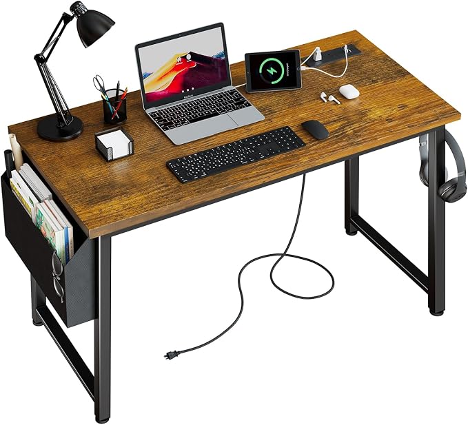 Lufeiya 40 inch Computer Desk with Power Outlet, 39 inch Teen Study Table Home Office Work Writing Desk with Charging Station Outlets Built in, Rustic Brown - Image 8