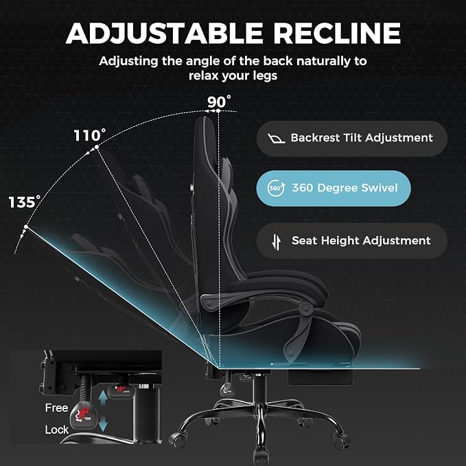GTPLAYER Gaming Chair, Computer Chair with Footrest and Lumbar Support, Height Adjustable Game Chair with 360°-Swivel Seat and Headrest and for Office or Gaming (Darkgray, Fabric) - Image 7
