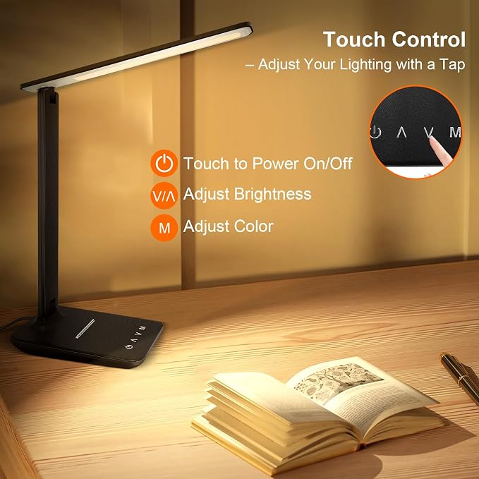 shinelife LED Desk Lamp for Office Home, Bright Desk Light with USB Charging Port, Adjustable Dimmable Desk Lamps 5 Modes 5 Brightness, Touch Study Lamp for Nail, Craft, Puzzle, Sewing, Study, Black - Image 5