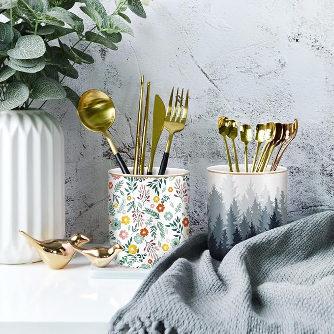 Large Capacity Pen Pencil Holder for Desk, Ceramic Pens Cup Cute Makeup Brushes Holder, Unique Desk Multifunctional Pen Organizer for Home, Office, and School, Forest Pattern - Image 3