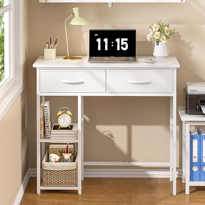 ThreeHio Small Writing Desk with 2 Drawers, White Computer Desk with Storage Shelf, Home Kids Study Table for Small Spaces, Simple Desk for Bedroom, Home Office, Living Room, Dorm, Vanity Desk, White by ThreeHio
