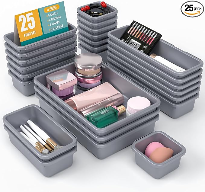 25 PCS Drawer Organizer Set, 4 Size Makeup Drawer Divider Organizer With Non-Slip Pads, Interlocking Plastic Storage Bins for Office,Jewelry Vanity,Gadgets, Bathroom,Kitchen, Grey by StoreHappily