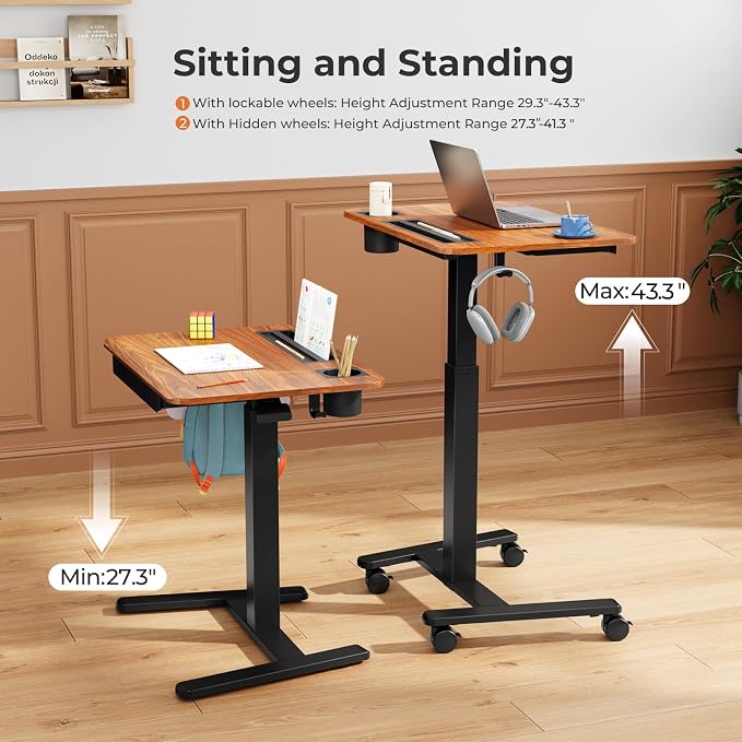 28" Mobile Standing Desk with Drawer, Portable Laptop Desk | Rolling Desk with Cup Holder and Hooks, Height Adjustable Computer Cart with Storage, Lockable & Hidden Wheels, Dark Wood - Image 4