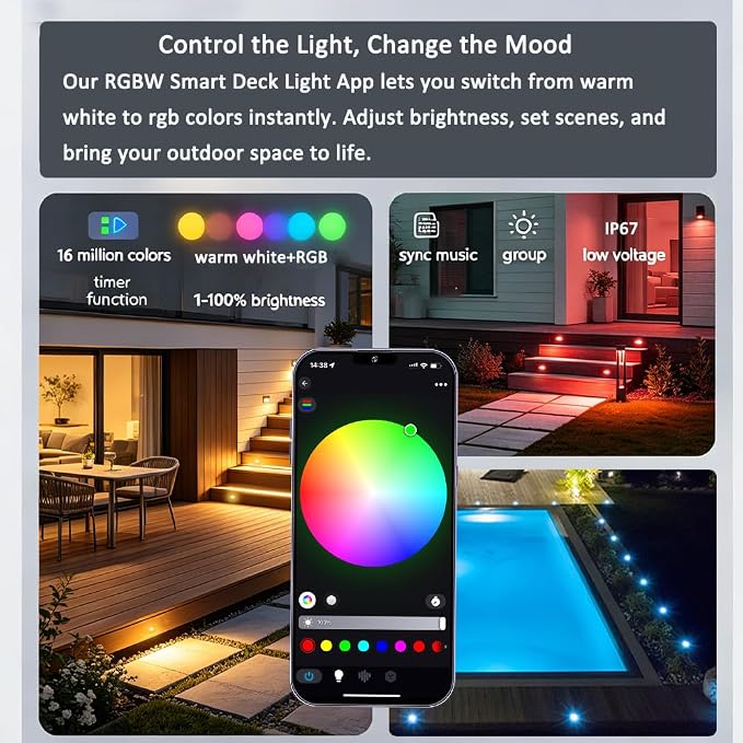 LED Deck Light Kit, 30pcs Φ1.77 WiFi Wireless Smart Phone Control Low Voltage Recessed RGBW Deck Lights with Remote, Voice Control, IP67 Waterproof Outdoor Path Stair Landscape Lighting, Black - Image 3