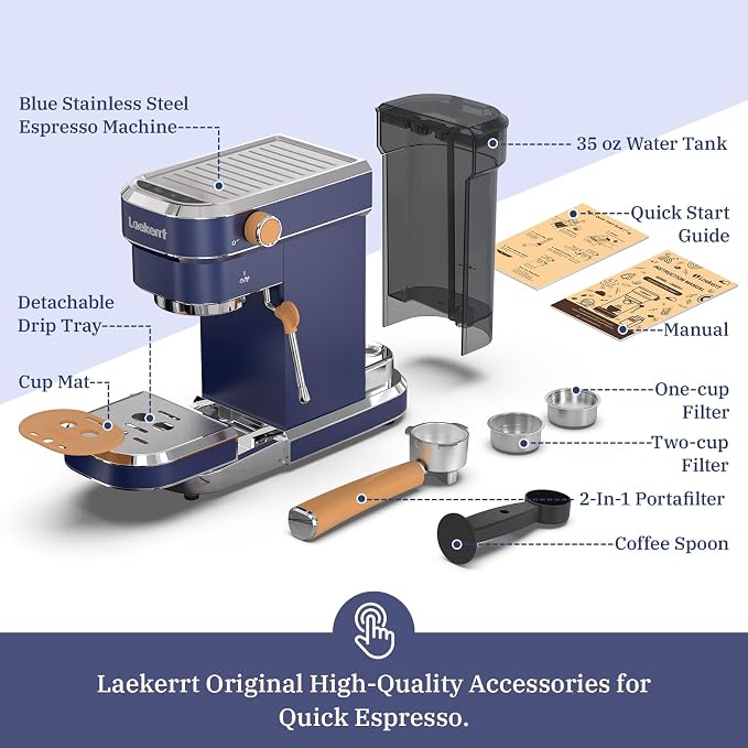 Laekerrt 20 Bar Espresso Maker CMEP01 with Milk Frother Steamer, Home Expresso Coffee Machine for Cappuccino and Latte (Navy Blue, Stainless Steel) Gift for Coffee Lovers, Father - Image 7