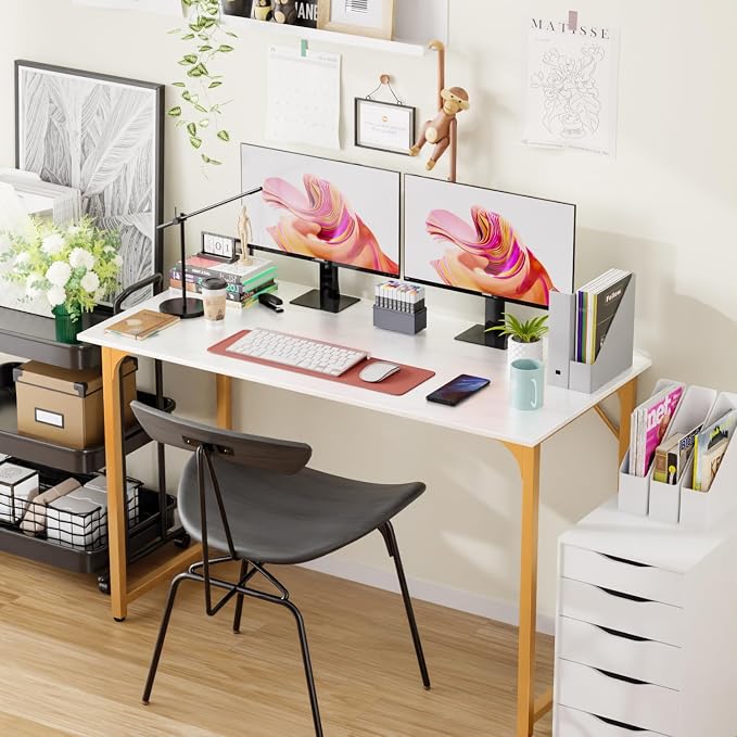 PayLessHere | 47 Inch Computer Desk | White Gold | Sturdy Office Desk | Metal Frame, Adjustable Feet | Water-Resistant, Scratchproof Surface | Writing Table for Home Office or Study | Pack of 1 - Image 2