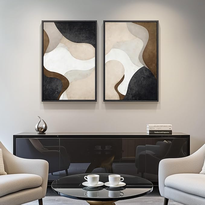 Framed Neutral Abstract Minimalist Wall Art Set of 2, Modern Canvas Prints Paintings Artwork for Walls, Black Beige Brown Abstract Art Pictures for Bedroom Living Room Dining Room Wall Decor 16x24 In - Image 4