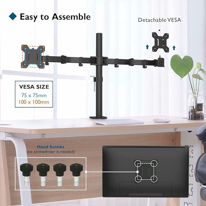 BONTEC Dual Monitor Desk Mount, 13-27 Inch, 22lbs, VESA 75x75/100x100,Black | Full Motion Adjustable Stand, Heavy Duty Arms, C Clamp and Grommet Base, Cable Management for Flexible Screen Positioning - Image 3