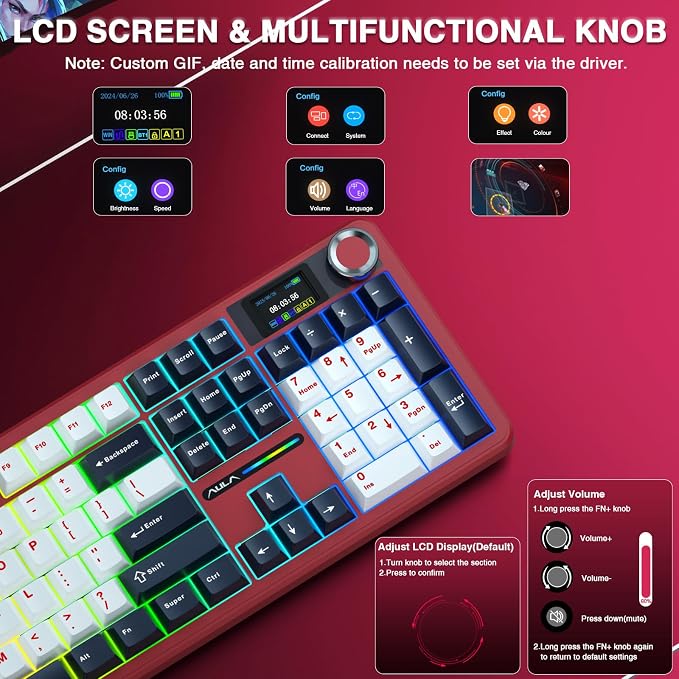 AULA F108 PRO - Wireless Mechanical Keyboard with Screen&Knob,Hot Swappable Gaming Keyboard with 8000mAh Battery,Pre-lubed Switches,RGB Backlit,PBT Keycaps Creamy Sounding Computer Keyboards,104 Keys - Image 3