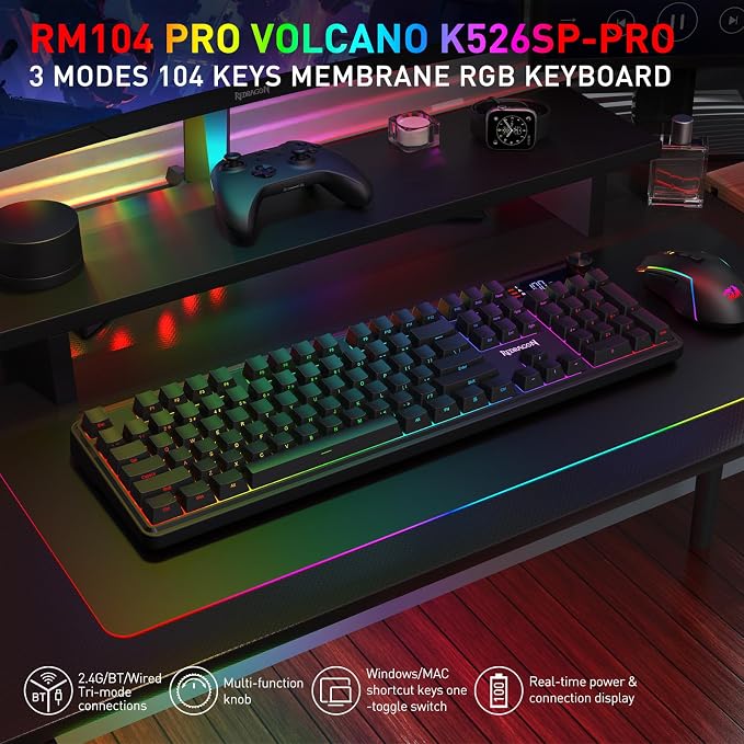 Redragon K526 PRO Wireless RGB Membrane Gaming Keyboard, LED Screen & Knob | See Battery, Mode & Time at a Glance, 0-Delay Tri-Mode, One-Touch Backlit & Media Adjust, 26-Key Anti-Ghost for Combo-Strike - Image 2