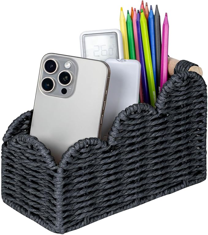 CubesLand Bedside Table Desk Organizer Caddy, Remote Pen&Pencil Holder Cup | Makeup Brush Holder w/Scalloped Perfect for Home, Office Desk, Living Room Table Decor, 3 Slots Black by CubesLand