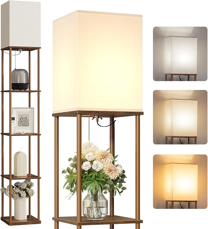 SUNMORY 5 Tier Floor Lamp with Shelves, Modern Square Standing Lamp with 3 Color Temperature Bulb, Corner Display Bookshelf Lamp for Living Room and Bedroom, Tall Shelf Floor Lamp Brown by SUNMORY