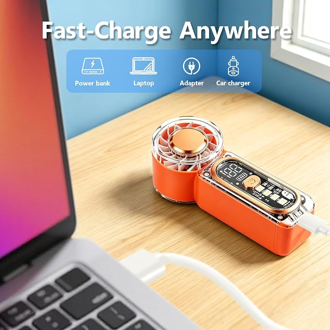 Portable Mini Handheld Fan, 100 Speed Adjustable Pocket Fan with Digital Display, USB-C Rechargeable Personal Fan, Long Battery Life, Small Cooling Fan for Travel(Orange) - Image 6