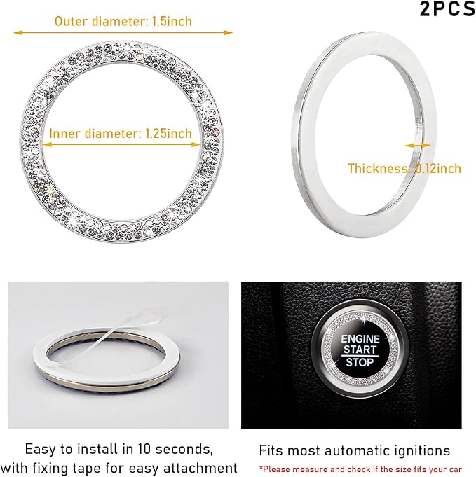 Kewucn 2 PCS Bling Crystal Double Rhinestone Car Engine Start Decoration Ring, Sparkling Push Start Button Sticker, Key Ignition & Knob Ring Decoration, Bling Car Interior Accessory(White) - Image 2