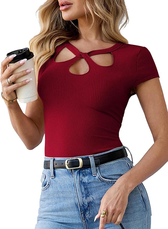 Pink Queen Sexy Tops for Women Cutout Keyhole Neck Cap Sleeve Shirts Casual Summer Clothes 2026 Fashion - Image 2