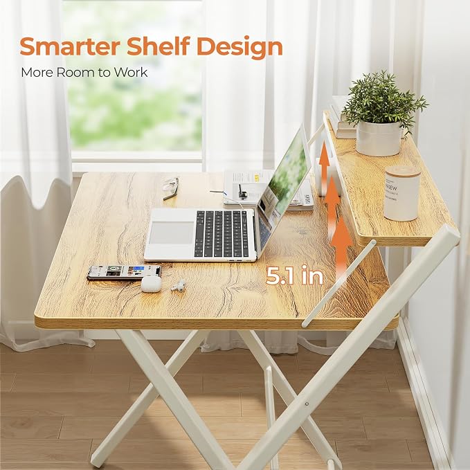 GreenForest Folding Desk No Assembly, Sturdy Computer Desk for Small Spaces | Portable Foldable Table for Laptop, 2-Tier Compact with Shelf, Space Saving for Home Office, Dorm, Apartment, 27.3"x 22" Oak - Image 5