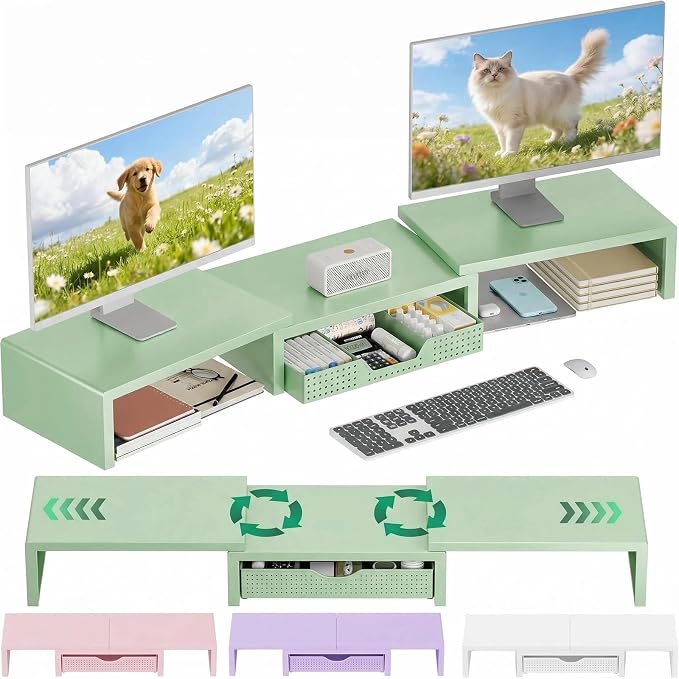 OPNICE Dual Computer Monitor Stand Riser, Desk Organizer with Drawer, Office Desk Accessories & Workspace Organizers for Home Office Supplies, Green by OPNICE