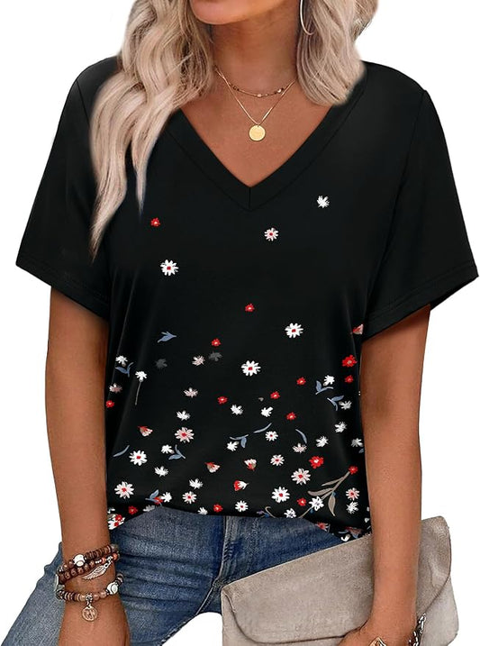 Alaroo Womens Summer Tops 2026 V Neck Short Sleeve Shirts Trendy Dressy Casual Vacation Outfits Printed by Alaroo