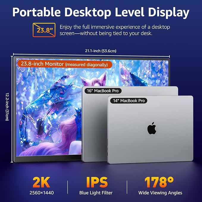 VisionOwl Portable Monitor for Laptop, IPS USB-C HDMI Travel Second Monitor for MacBook Pro Air, PC, PS5, Xbox, Portable Second Screen, Built-in Kickstand, Speakers, VESA Mountable, 23.8 Inch - Image 5
