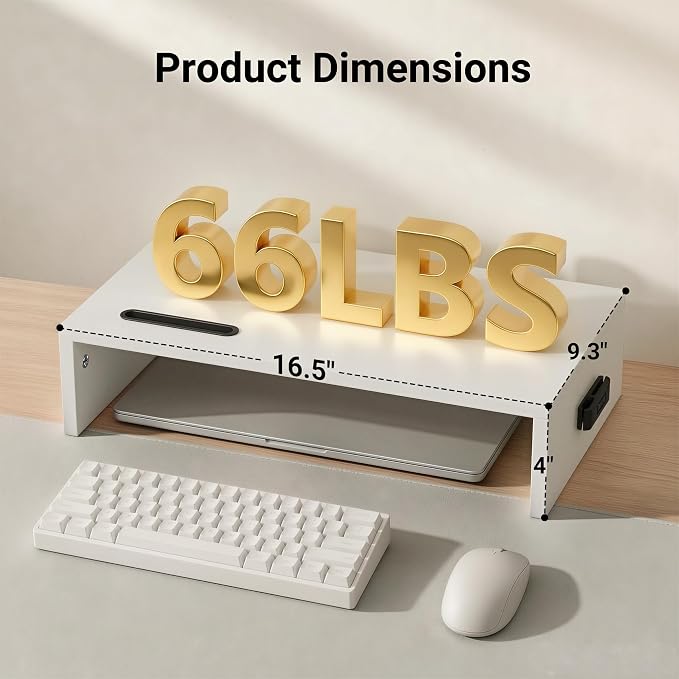 BONTEC Monitor Stand Riser with Cellphone Holder & Cable Management | 16.7 Inch Wood Monitor Riser Stand, Desktop Stand for PC/TV/Laptop/Printer, White - Image 2