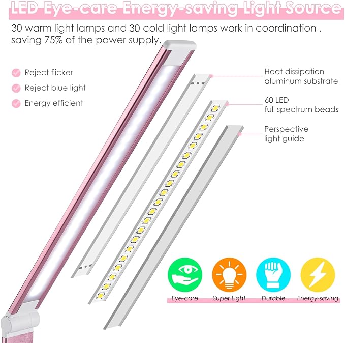 LED Desk Lamp with Wireless Charger, USB Charging Port, Desk Lighting with 10 Brightness, 5 Color Modes, Dimmable Eye Caring Reading Desk Lamps for Home Office, Touch Control, Auto Timer, Pink - Image 4