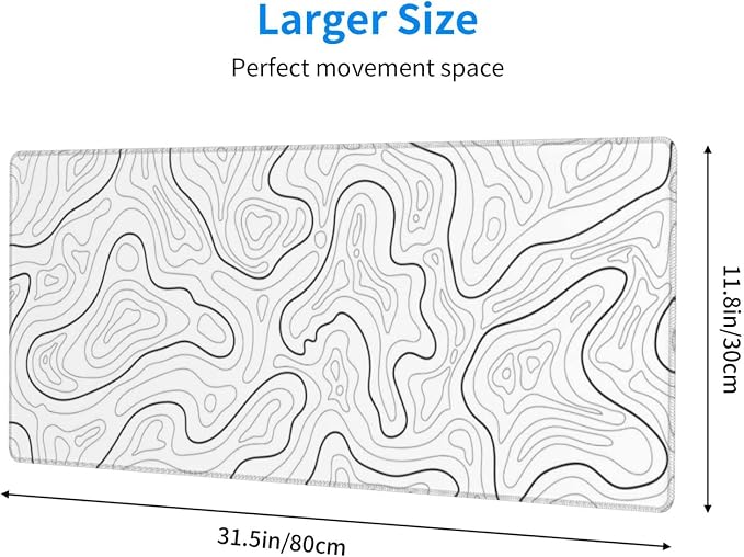 Abstract Topographic Map White Grey Black Gaming Mouse Pad Long Mouse Pad Large Desk Mat 31.5 X 11.8 Inch Mousepad with Non-Slip Base Stitched Edge Keyboard Mat for Gaming Office - Image 2