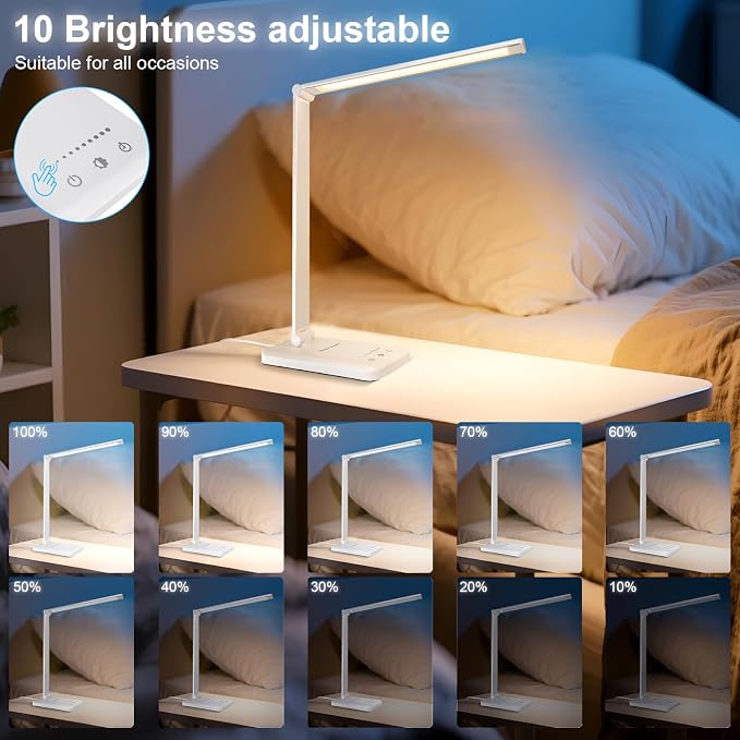 White crown LED Desk Lamp Dimmable Table Lamp Reading Lamp with USB Charging Port, 5 Lighting Modes, Sensitive Control, 30/60 Minutes Timer (White, First-Generation) - Image 7
