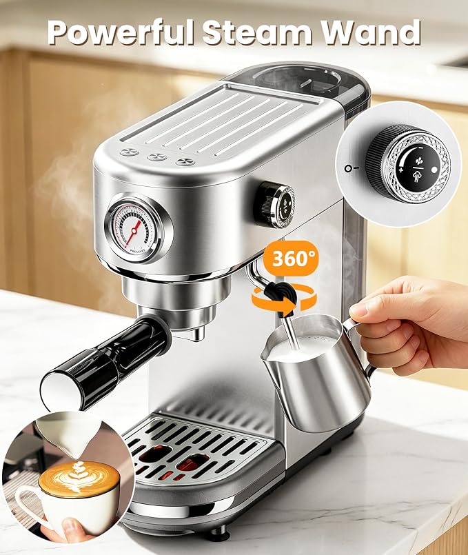 atatix Espresso Machine with Milk Frother, 20 Bar Pressure Espresso Maker | with 44OZ Removable Tank, Compact Stainless Steel Coffee Machine for Home, Office, Latte, Cappuccino, Macchiato, Silver - Image 7