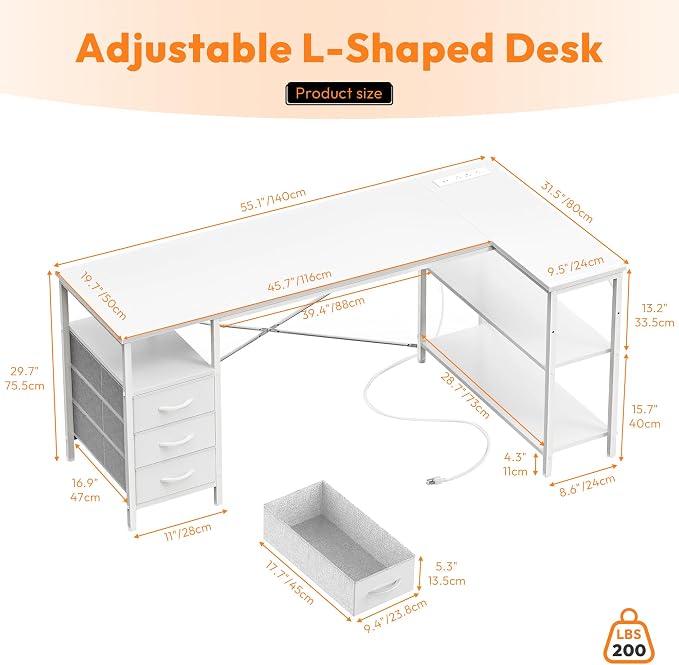 Alpen L Shaped Computer Desk, 55 Inch Corner Desk with Drawers and Power Outlets, Home Office Desk for Gaming, Study Writing PC Table with Storage and Reversible Shelf, White - Image 3