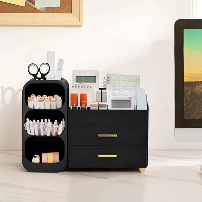 HBlife Desk Organizer with Pen Pencil Holder for Desk, Pen Organizer with 2 Drawers, Desk Organizers and Accessories with 4 Compartments, Desktop Storage for Office Home School Art Supplies, All Black - Image 3
