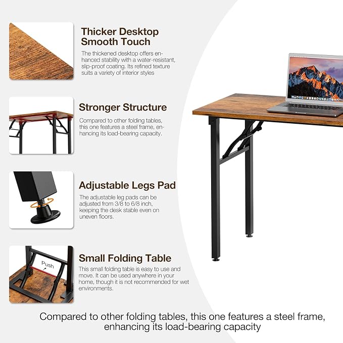 TEMI Small Computer Desk Folding Table - 43.3" Foldable Office Desk, No Assembly, Perfect for Small Spaces in Bedroom, Dorm, or Apartment, Portable Mini Desk or Study Table with Compact Design, Brown - Image 8