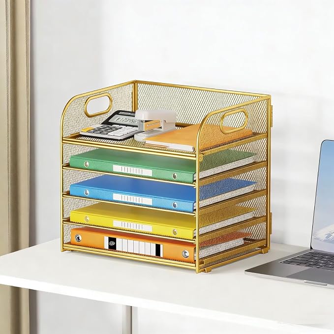 Lavatino Desk Paper Organizer Trays, Gold 5-Tier Mesh File Folder Sorter with Handles, Letter Holder Organizer for Office, Home, School Supplies Storage & Organization - Image 3