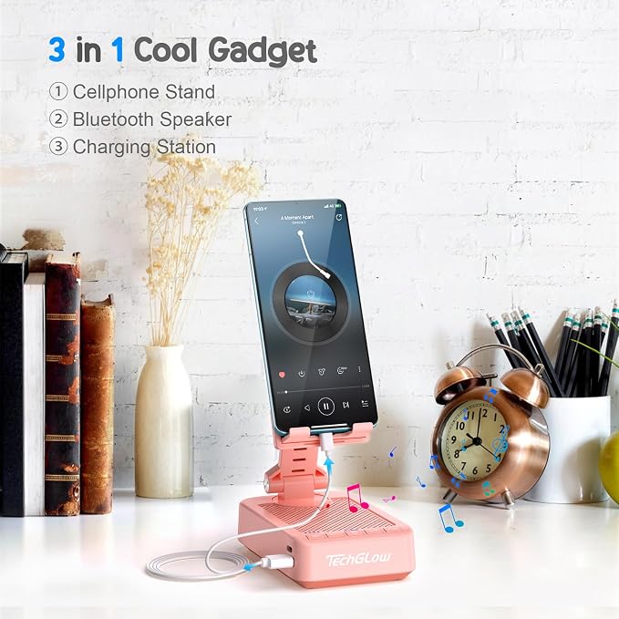 TechGlow Gifts for Men Women Foldable Cellphone Stand with Bluetooth Speaker and Charging Function 360° Rotatable Phone Stand Birthday Gift Idea for Mom Dad Cool Tech Gifts-Pink - Image 2