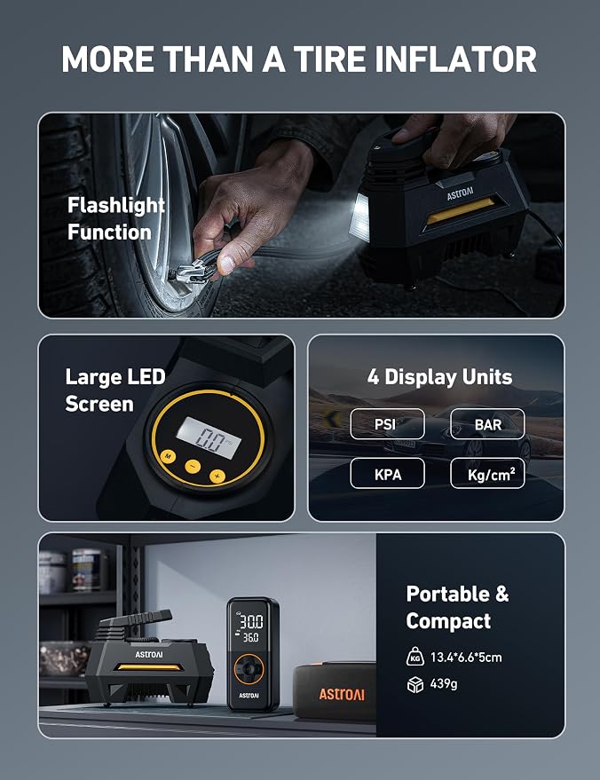 AstroAI AIRUN H1 Tire Inflator Portable Air Compressor,Fast Inflation Electric Air Pump for Car Tires-Car Accessory,9.8Ft Cord-12VDC-Powered Auto Shut-Off with Digital Pressure Gauge,LED Light,Yellow - Image 7