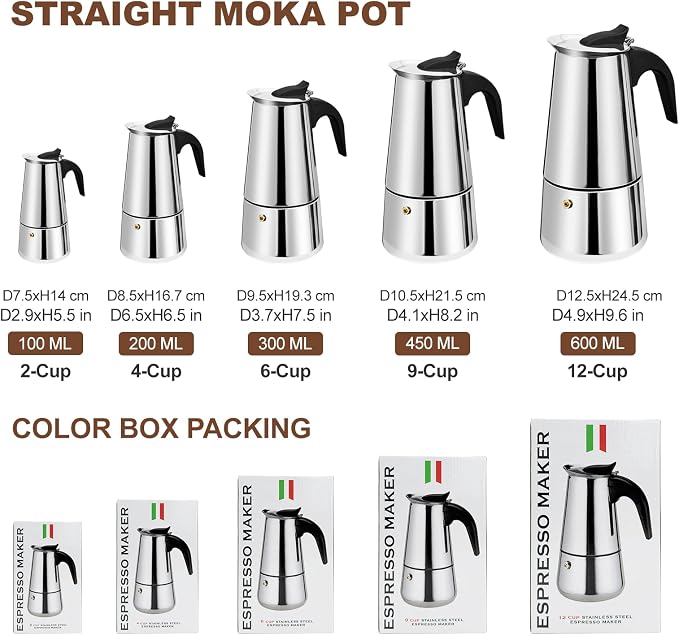 9 Cup Stovetop Espresso Maker Stainless Steel Moka Pot Stove Top Percolator Italian Coffee Makers Capable Mocha Greca Machine Cafe Classic Induction Cookers for Home and Camping 450ml 15oz - Image 2