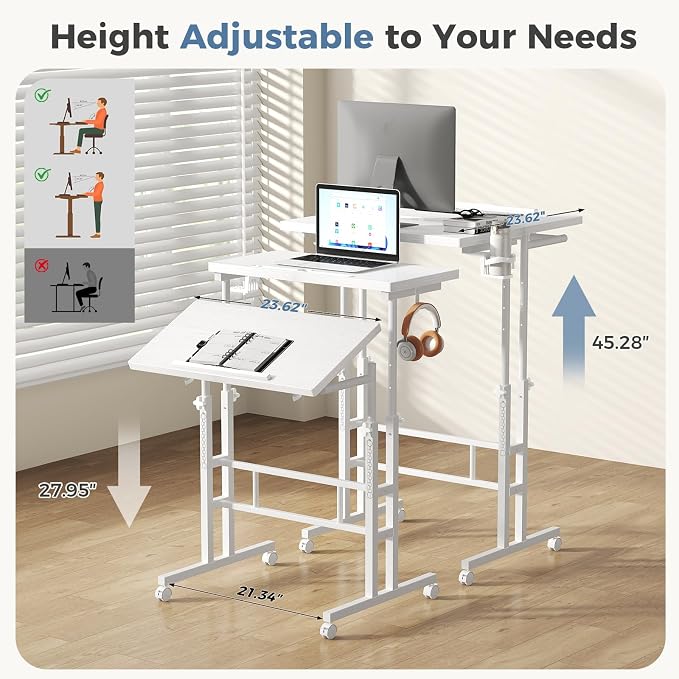 DUMOS Rolling Standing Desk, Sit Stand Desk, Computer Cart | Manual Height Adjustable, Split Top Mobile, Laptop Workstation, Portable Home Office, Walking Pad Study Surface, Modern White - Image 7
