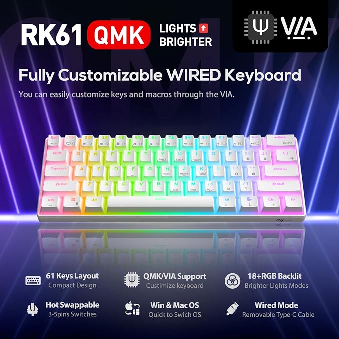 RK ROYAL KLUDGE RK61 Wired 60% Mechanical Gaming Keyboard Programmable QMK/VIA RGB Backlit 61 Keys Ultra-Compact Hot Swappable Brown Switch White - Image 2
