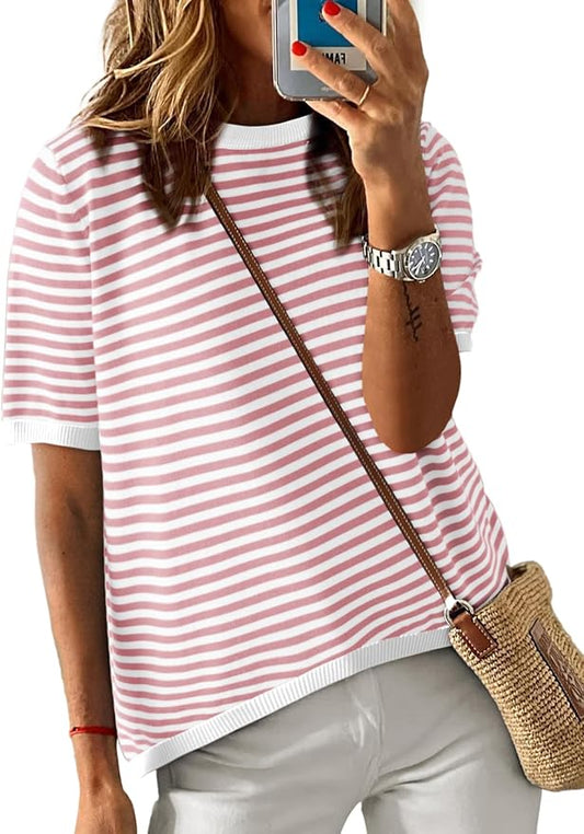Dokotoo Womens Tops 2026 Casual Summer Crewneck Short Sleeve Striped Color Block Knit High Low Trendy Pullover Sweaters by Dokotoo