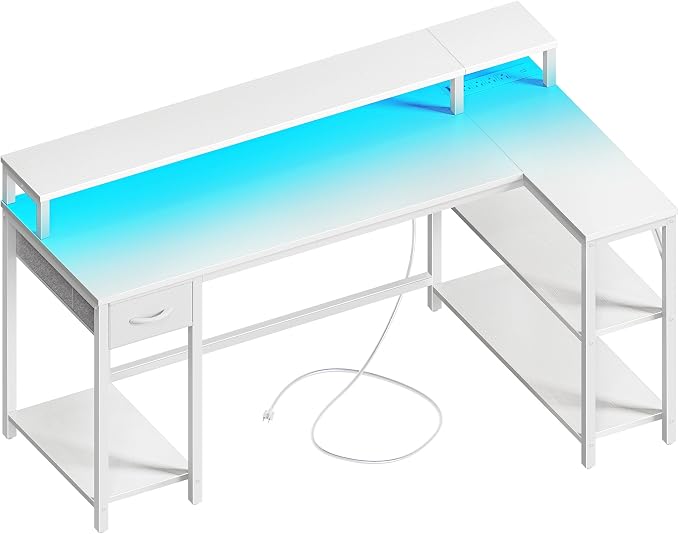 SUPERJARE 53 inch Reversible L Shaped Desk with LED Lights & Power Outlets, Computer Desk with Shelves & Monitor Stand, Gaming Desk with Drawer, Home Office Desk Corner Desk, PU White Drawer by SUPERJARE