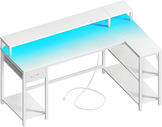 SUPERJARE 53 inch Reversible L Shaped Desk with LED Lights & Power Outlets, Computer Desk with Shelves & Monitor Stand, Gaming Desk with Drawer, Home Office Desk Corner Desk, PU White Drawer by SUPERJARE