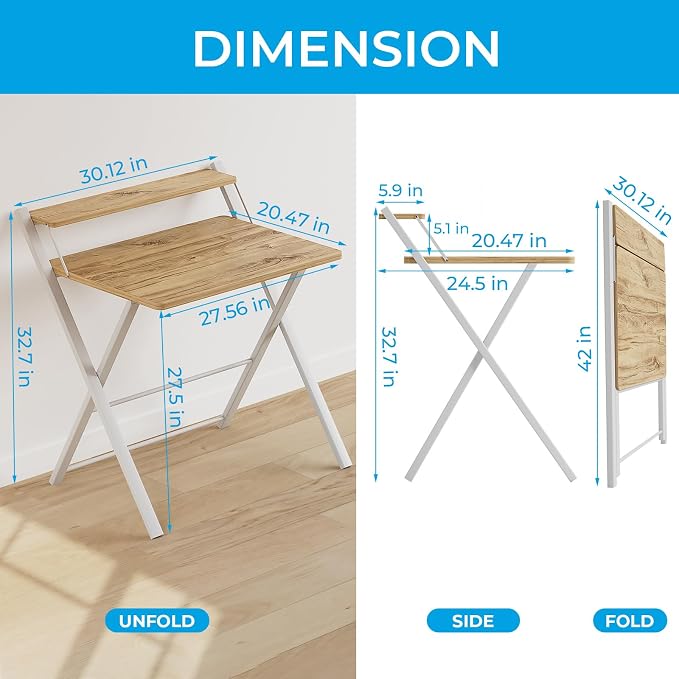 GreenForest Folding Desk No Assembly, Sturdy Computer Desk for Small Spaces | Portable Foldable Table for Laptop, 2-Tier Compact with Shelf, Space Saving for Home Office, Dorm, Apartment, 24.5"x 30" Oak - Image 3