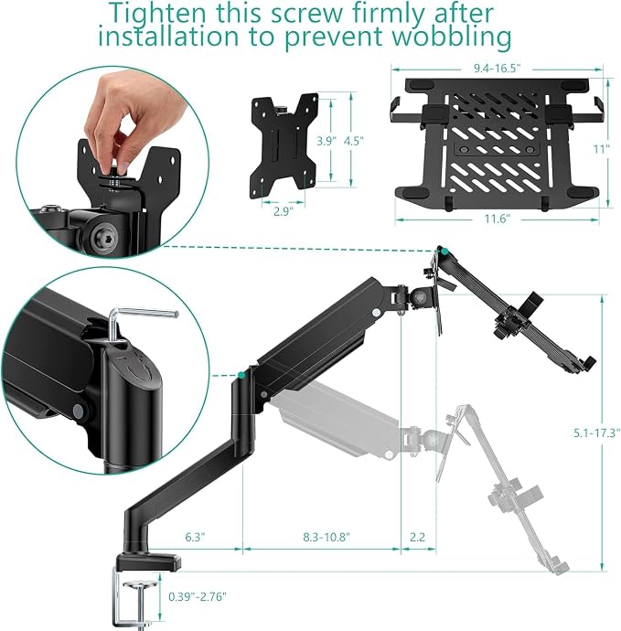 WALI Single Arm Laptop and Monitor Desk Mount for 17" Notebook and Up to 32" Screen, 2-in-1 Adjustable Gas Spring Monitor Arm with Laptop Tray, VESA 75x75 100x100,Holds 22-26.4 lbs, Black (GSMP001NLP) - Image 8