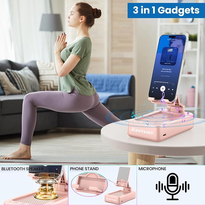 JTEMAN Cell Phone Stand with Bluetooth Speaker,Birthday Gifts for Women and Men,Kitchen Gadgets for Men,Compatible for iPhone/Samsung/Mini iPad - Pink - Image 2