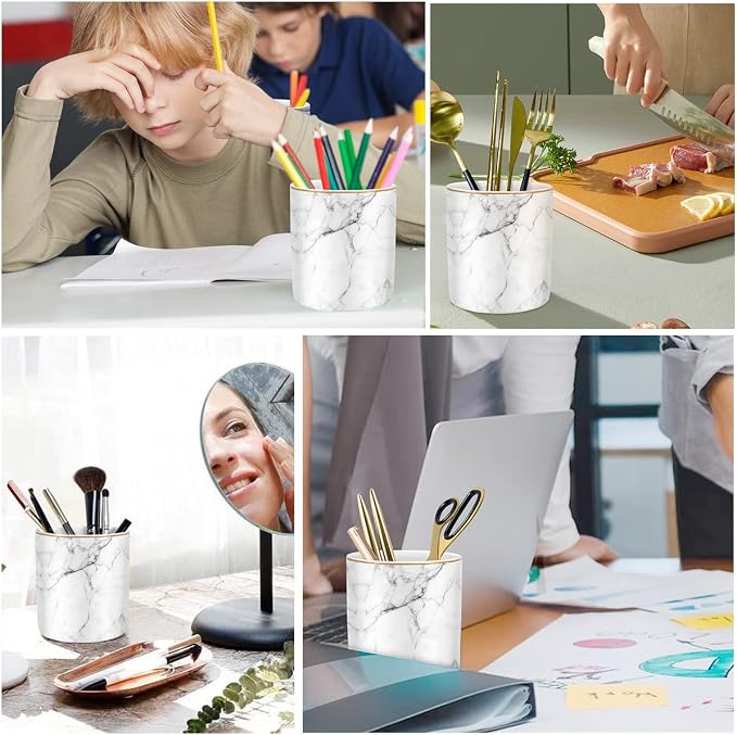Pen Holder for Desk Cute, Modern Marble Desk Organizer, Durable Ceramic Pencil Cup, Makeup Brush Holder Cup, Multifunctional Office Stationery Holder for Women, Men, White Marble - Image 2