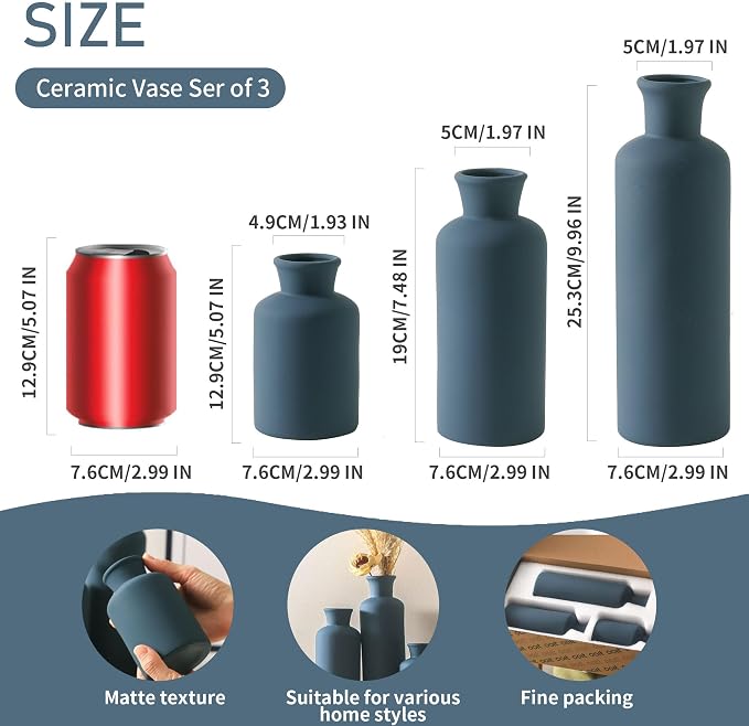 Ceramic Vase Set of 3, Neutral Modern Vases Home Decor Boho Vase Farmhouse Decor Flowers Pampas Vases for Table Mantel Entryway Shelf Living Room Kitchen Bathroom - Navy Blue - Image 2
