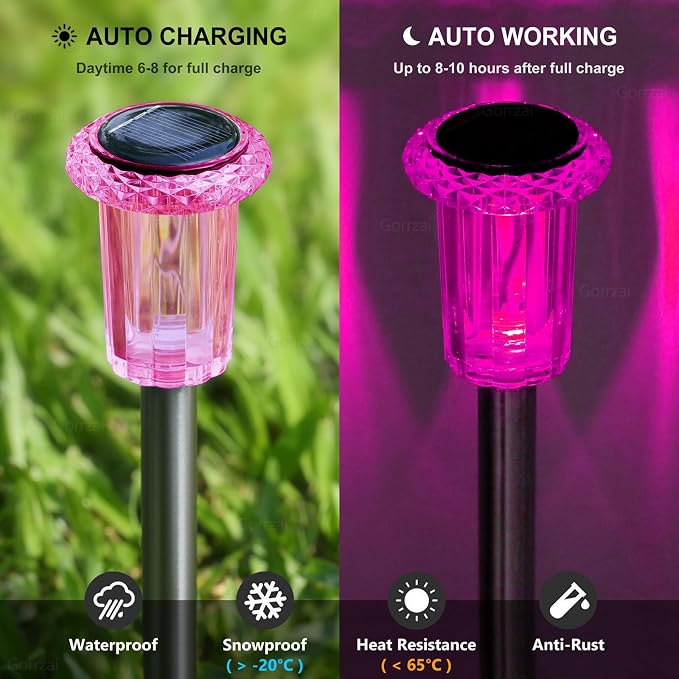 DenicMic Solar Outdoor Lights 10 Pack Pink LED Valentines/Mothers Day Decor | Garden Decor for Outside Yard Patio Flowerbed Pathway Starburst Pattern, Acrylic Diamond-like Lampshade Stainless Steel Pole - Image 4