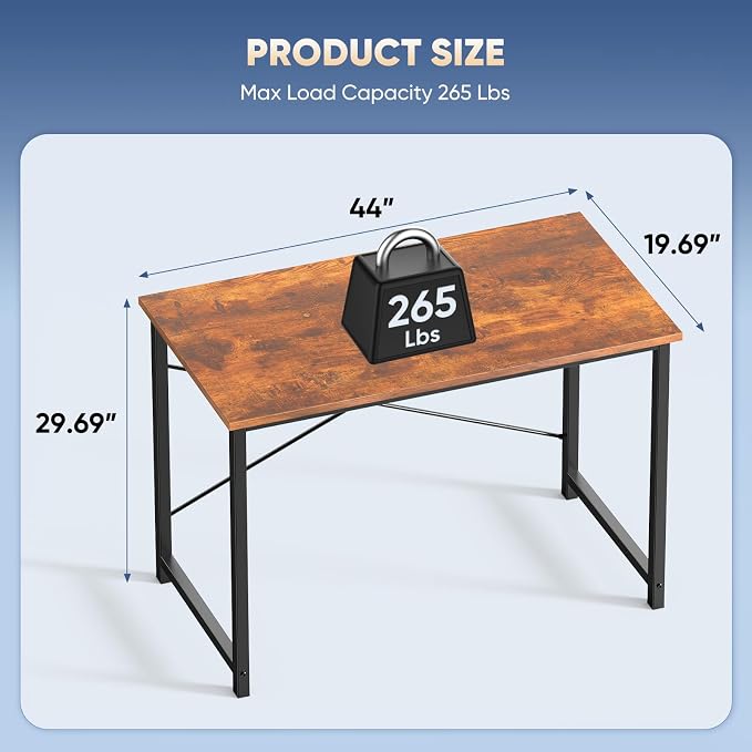 DUMOS 44 Inch Small Computer Desk, Gaming Desks for Home Office Bedroom | Modern Study Writing Work Table, Craft PC Desk Simple Workstation with Reinforcement Structure, Rustic Brown - Image 3